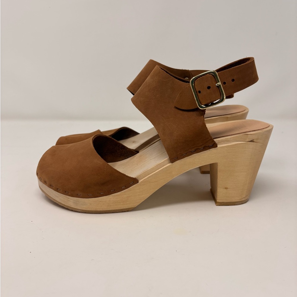 Bryr Miranda Slingback Peep Toe Wooden Clogs Caramel Leather Size 41 - Picture 5 of 10